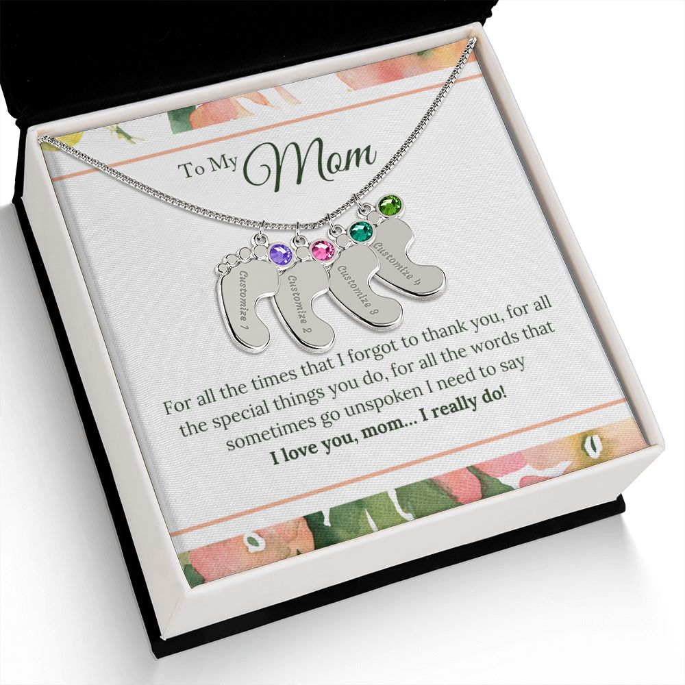 ENGRAVED BABY FEET WITH NAME AND BIRTHSTONE, NECKLACE GIFT FOR MOM WITH KIDS NAME, WITH MESSAGE CARD, HAPPY MOTHER'S DAY GIFT FOR MOM FROM SON/DAUGHTER