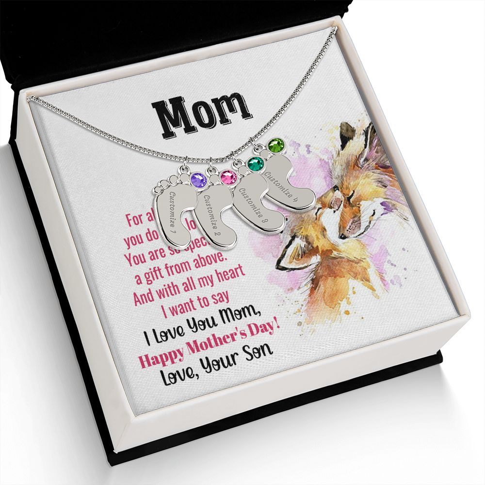 ENGRAVED BABY FEET WITH NAME AND BIRTHSTONE, NECKLACE GIFT FOR MOM WITH KIDS NAME, WITH MESSAGE CARD, MOTHER'S DAY GIFT FOR MOM FROM SON