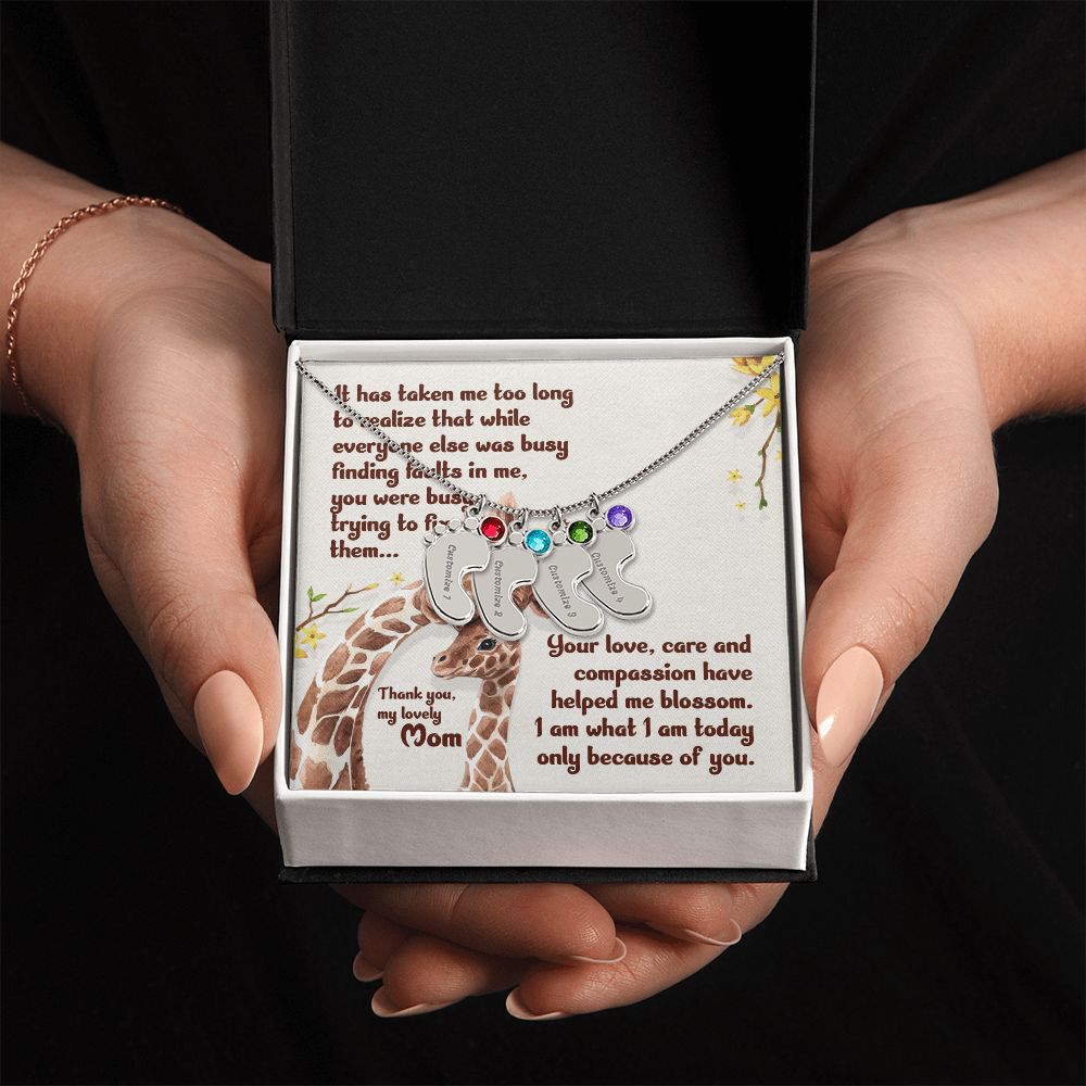 ENGRAVED BABY FEET WITH NAME AND BIRTHSTONE, NECKLACE GIFT FOR MOM WITH KIDS NAME, WITH MESSAGE CARD, HAPPY MOTHER'S DAY, GIFT FOR MOM FROM SON/DAUGHTER