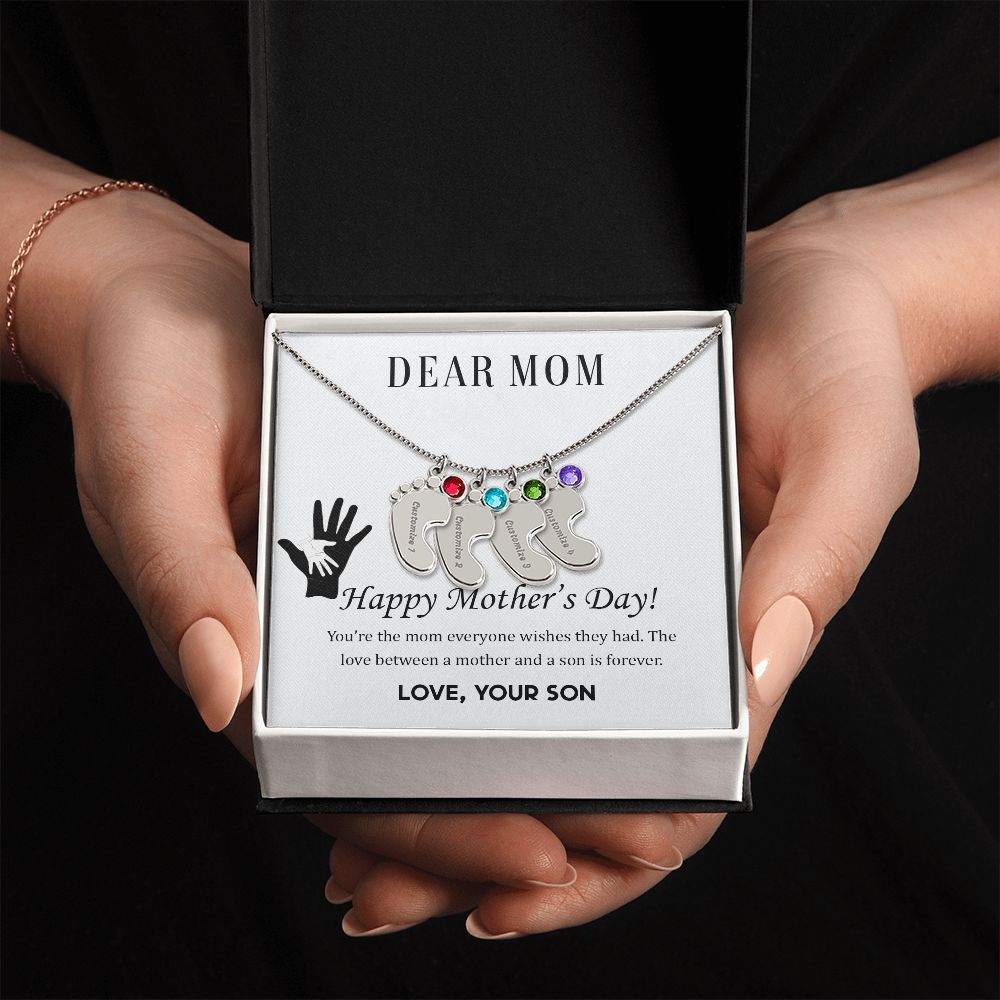 ENGRAVED BABY FEET WITH NAME AND BIRTHSTONE, NECKLACE GIFT FOR MOM WITH KIDS NAME, WITH MESSAGE CARD, BIRTHDAY/ MOTHER'S DAY GIFT FOR MOM FROM SON
