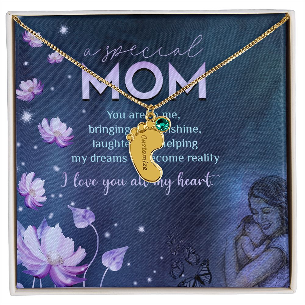 ENGRAVED BABY FEET WITH NAME AND BIRTHSTONE, NECKLACE GIFT FOR MOM WITH KIDS NAME, WITH MESSAGE CARD, BIRTHDAY/MOTHER'S DAY GIFT FOR MOM, FROM KIDS