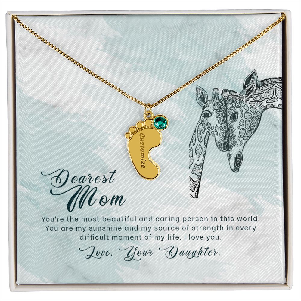 ENGRAVED BABY FEET WITH NAME AND BIRTHSTONE, NECKLACE GIFT FOR MOM WITH KIDS NAME, WITH MESSAGE CARD, BIRTHDAY/MOTHER'S DAY GIFT FOR MOM, FROM DAUGHTER