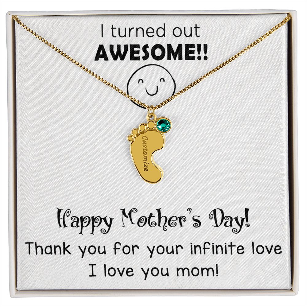ENGRAVED BABY FEET WITH NAME AND BIRTHSTONE, NECKLACE GIFT FOR MOM WITH KIDS NAME, WITH MESSAGE CARD, MOTHER'S DAY GIFT FOR MOM FROM SON/DAUGHTER