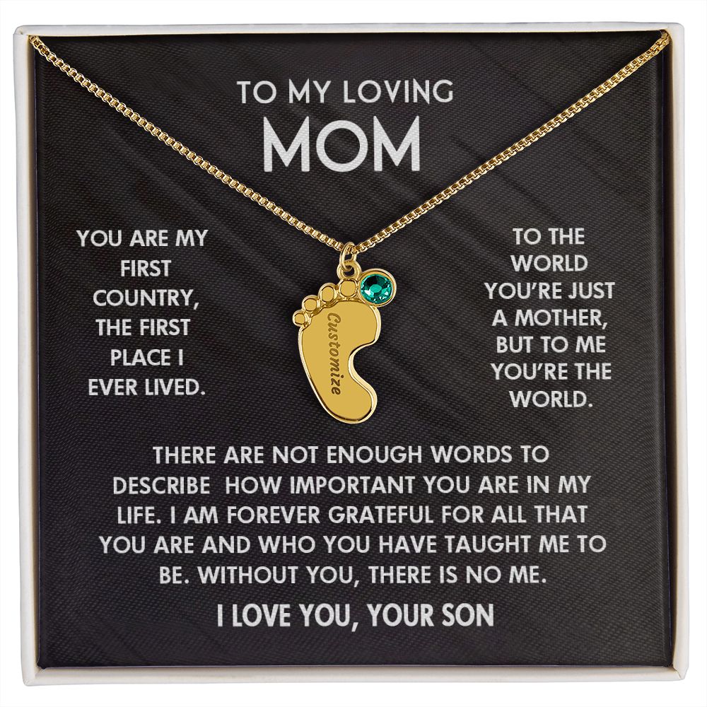ENGRAVED BABY FEET WITH NAME AND BIRTHSTONE, NECKLACE GIFT FOR MOM WITH KIDS NAME, WITH MESSAGE CARD, BIRTHDAY/ MOTHER'S DAY GIFT FOR MOM FROM SON