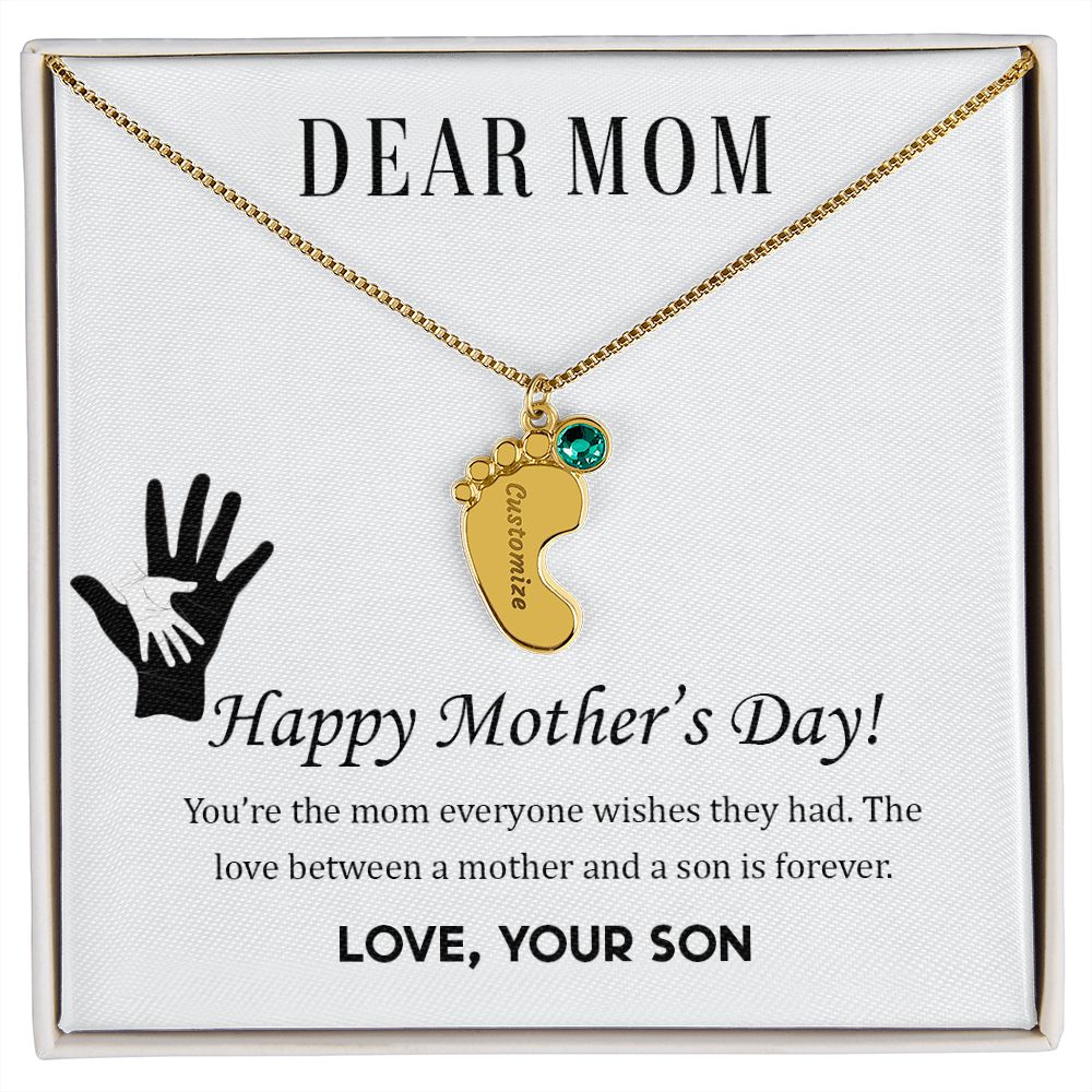 ENGRAVED BABY FEET WITH NAME AND BIRTHSTONE, NECKLACE GIFT FOR MOM WITH KIDS NAME, WITH MESSAGE CARD, BIRTHDAY/ MOTHER'S DAY GIFT FOR MOM FROM SON