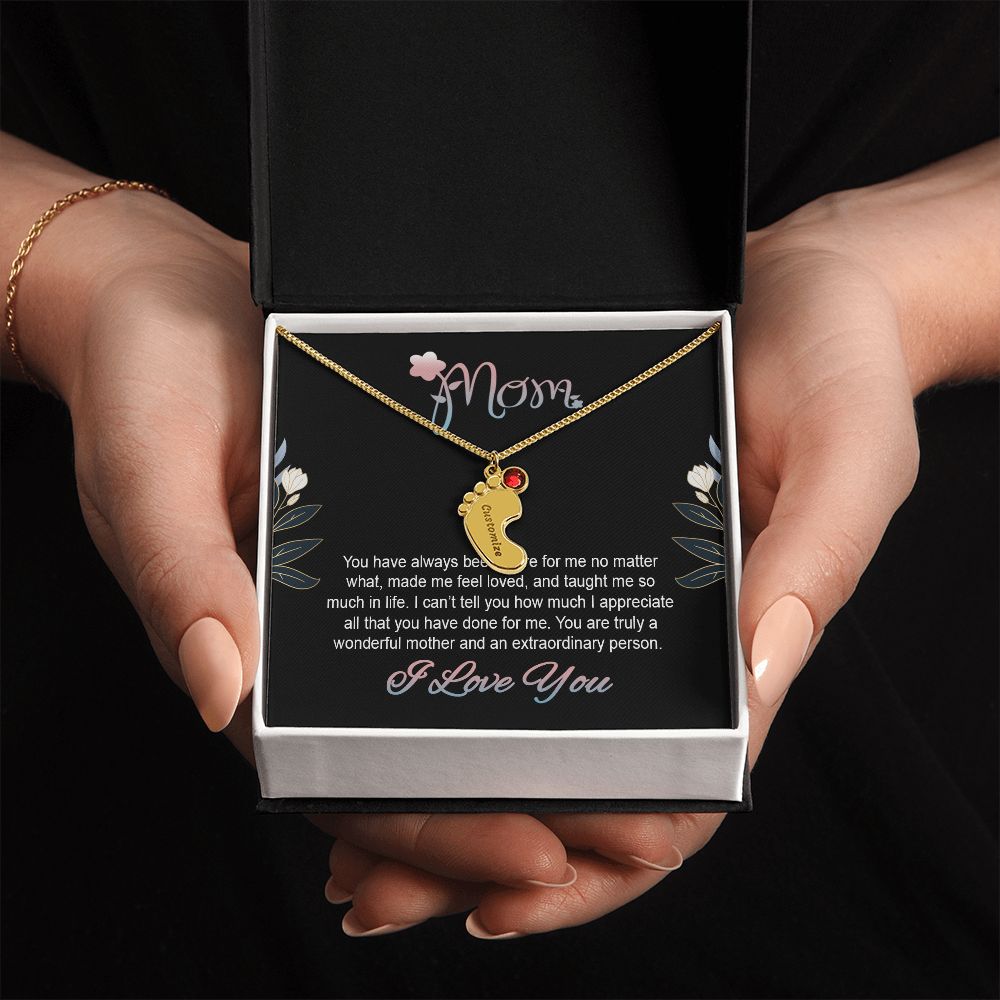 ENGRAVED BABY FEET WITH NAME AND BIRTHSTONE, NECKLACE GIFT FOR MOM WITH KIDS NAME, WITH MESSAGE CARD, BIRTHDAY/ MOTHER'S DAY GIFT FOR MOM FROM SON/DAUGHTER