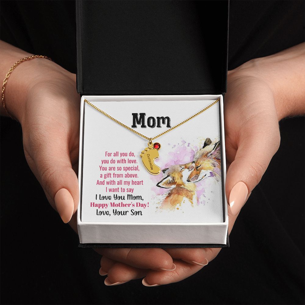 ENGRAVED BABY FEET WITH NAME AND BIRTHSTONE, NECKLACE GIFT FOR MOM WITH KIDS NAME, WITH MESSAGE CARD, MOTHER'S DAY GIFT FOR MOM FROM SON