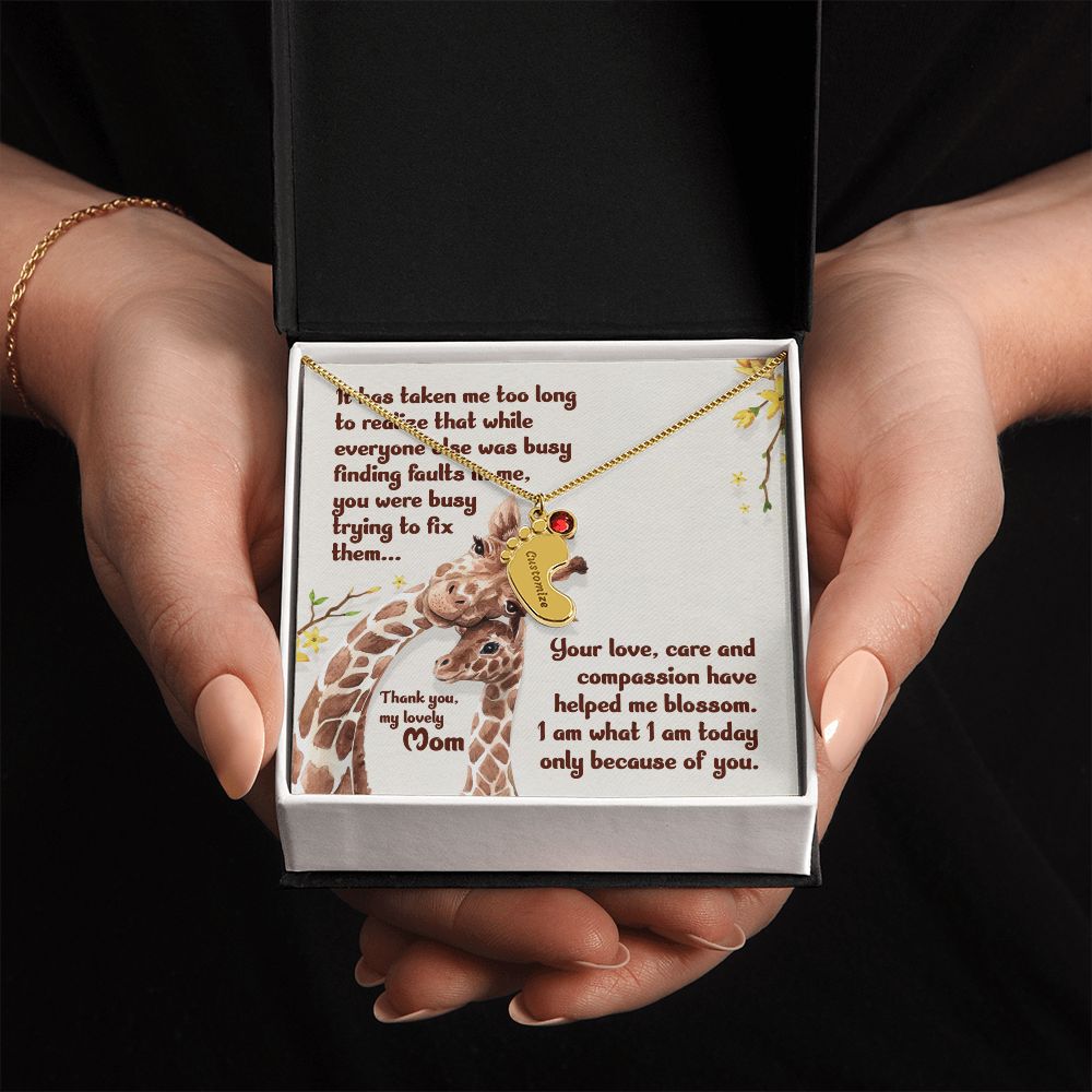 ENGRAVED BABY FEET WITH NAME AND BIRTHSTONE, NECKLACE GIFT FOR MOM WITH KIDS NAME, WITH MESSAGE CARD, HAPPY MOTHER'S DAY, GIFT FOR MOM FROM SON/DAUGHTER