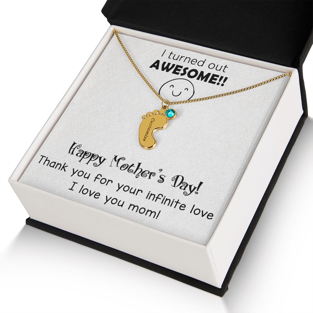 ENGRAVED BABY FEET WITH NAME AND BIRTHSTONE, NECKLACE GIFT FOR MOM WITH KIDS NAME, WITH MESSAGE CARD, MOTHER'S DAY GIFT FOR MOM FROM SON/DAUGHTER