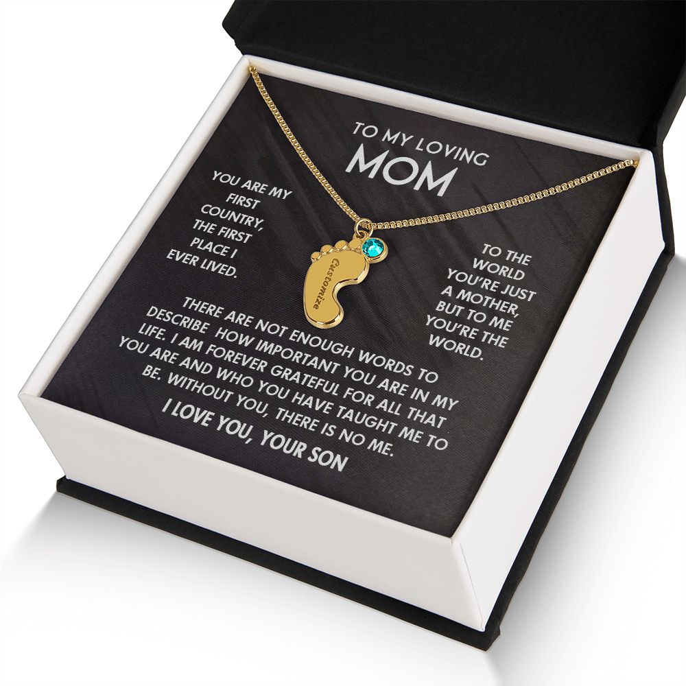 ENGRAVED BABY FEET WITH NAME AND BIRTHSTONE, NECKLACE GIFT FOR MOM WITH KIDS NAME, WITH MESSAGE CARD, BIRTHDAY/ MOTHER'S DAY GIFT FOR MOM FROM SON
