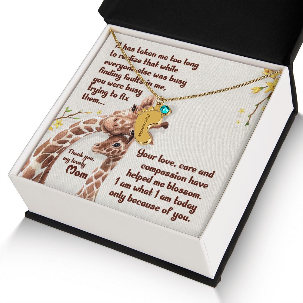 ENGRAVED BABY FEET WITH NAME AND BIRTHSTONE, NECKLACE GIFT FOR MOM WITH KIDS NAME, WITH MESSAGE CARD, HAPPY MOTHER'S DAY, GIFT FOR MOM FROM SON/DAUGHTER