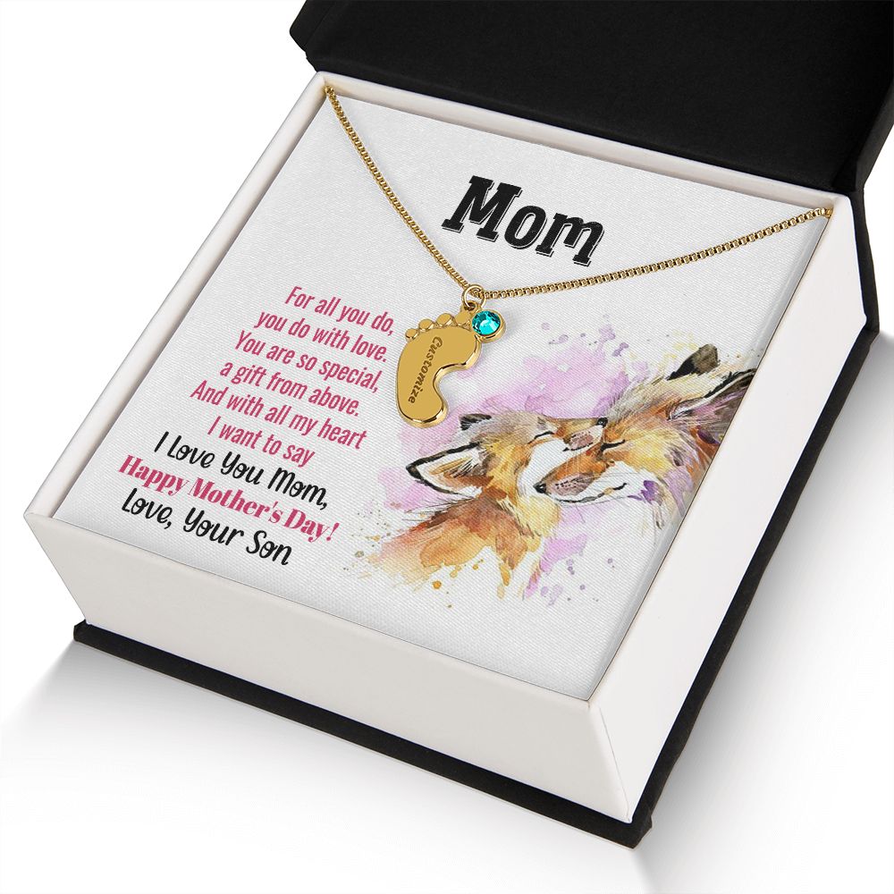 ENGRAVED BABY FEET WITH NAME AND BIRTHSTONE, NECKLACE GIFT FOR MOM WITH KIDS NAME, WITH MESSAGE CARD, MOTHER'S DAY GIFT FOR MOM FROM SON