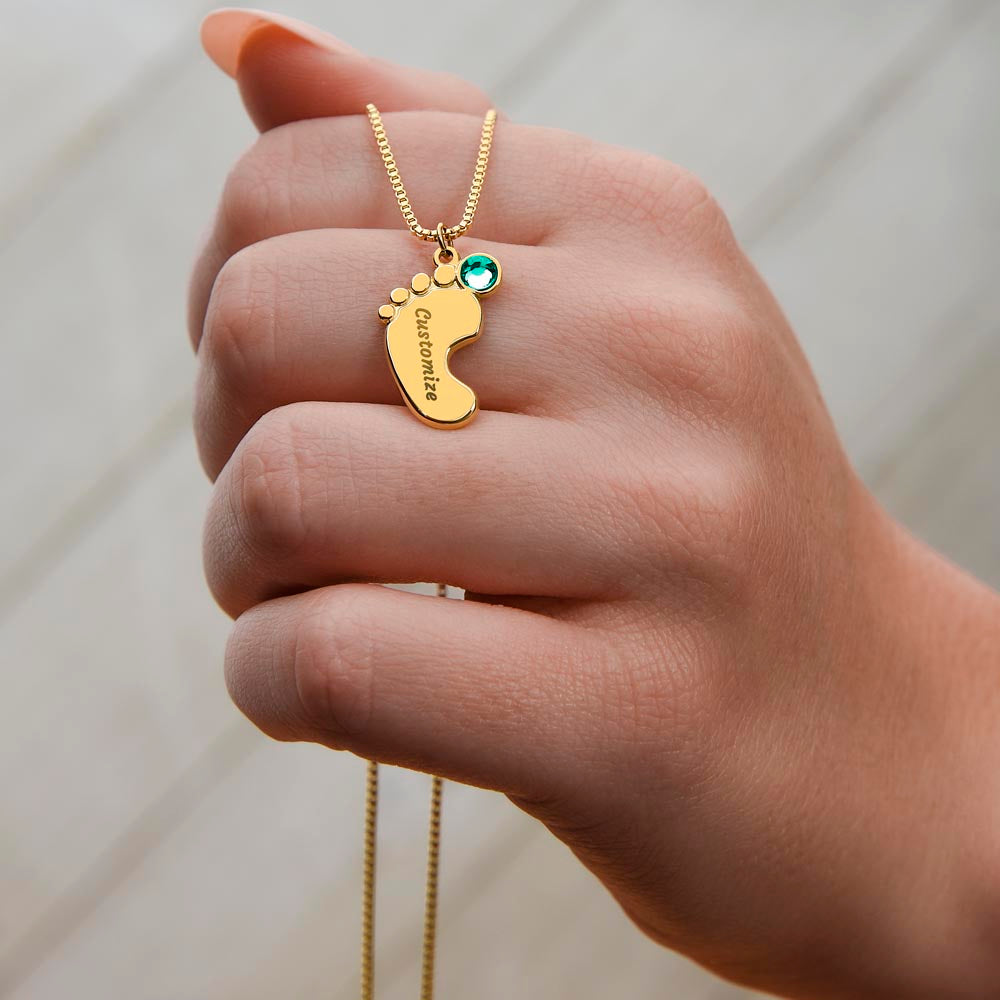 ENGRAVED BABY FEET WITH NAME AND BIRTHSTONE, NECKLACE GIFT FOR MOM WITH KIDS NAME, WITH MESSAGE CARD, BIRTHDAY/ MOTHER'S DAY GIFT FOR MOM FROM SON/DAUGHTER