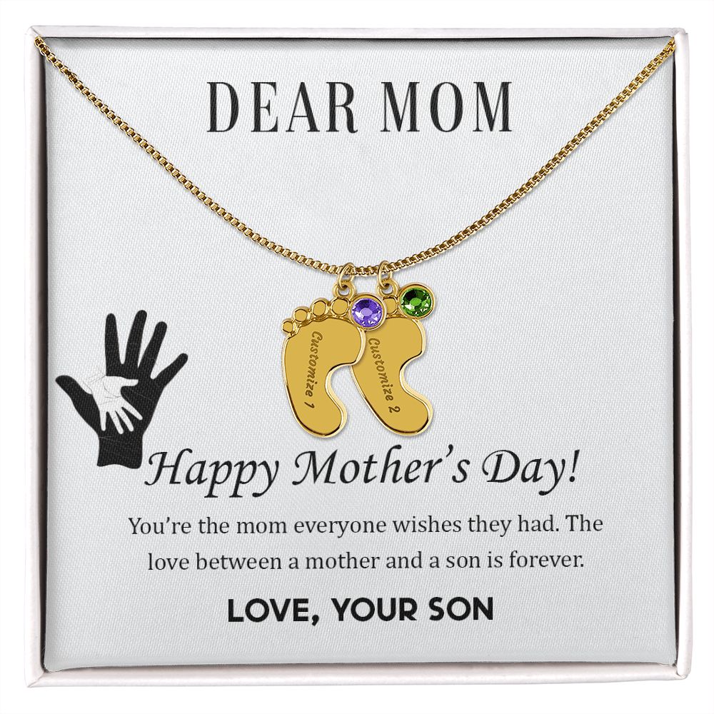 ENGRAVED BABY FEET WITH NAME AND BIRTHSTONE, NECKLACE GIFT FOR MOM WITH KIDS NAME, WITH MESSAGE CARD, BIRTHDAY/ MOTHER'S DAY GIFT FOR MOM FROM SON