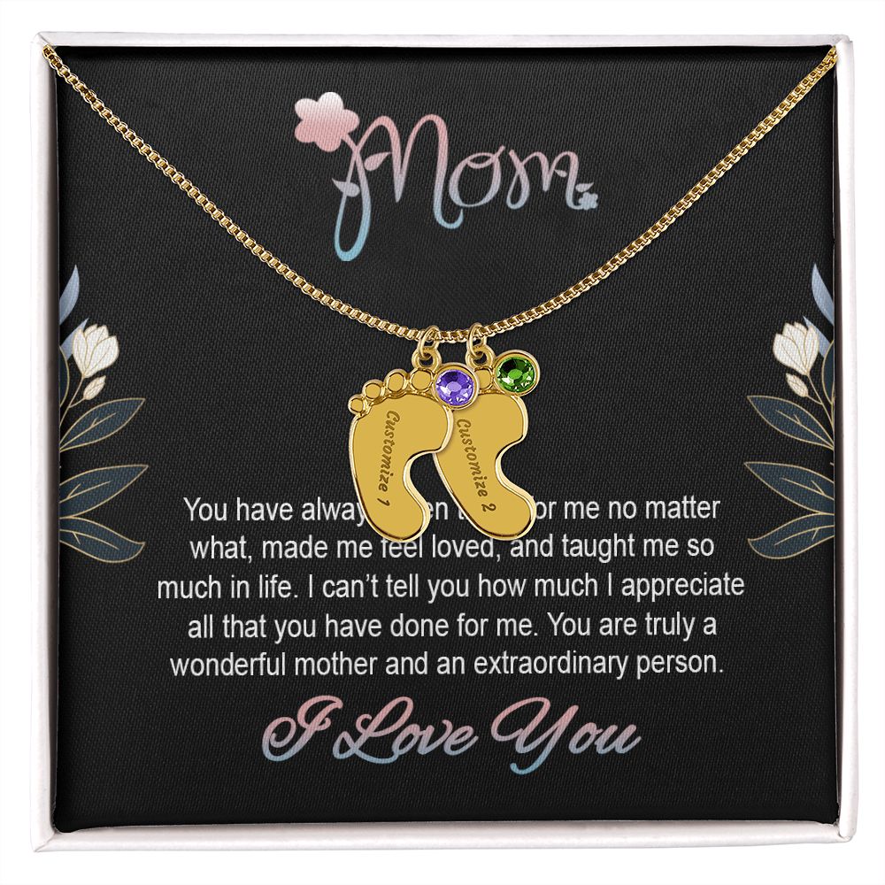 ENGRAVED BABY FEET WITH NAME AND BIRTHSTONE, NECKLACE GIFT FOR MOM WITH KIDS NAME, WITH MESSAGE CARD, BIRTHDAY/ MOTHER'S DAY GIFT FOR MOM FROM SON/DAUGHTER