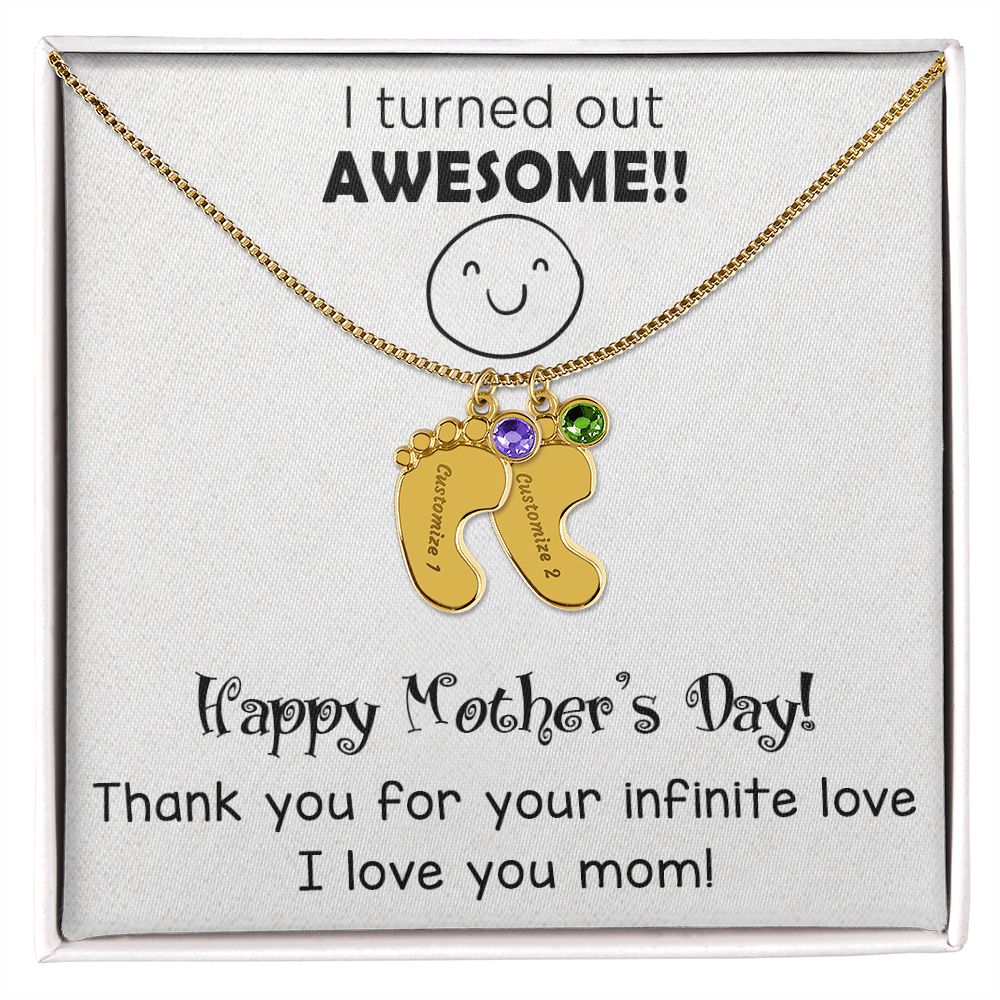 ENGRAVED BABY FEET WITH NAME AND BIRTHSTONE, NECKLACE GIFT FOR MOM WITH KIDS NAME, WITH MESSAGE CARD, MOTHER'S DAY GIFT FOR MOM FROM SON/DAUGHTER