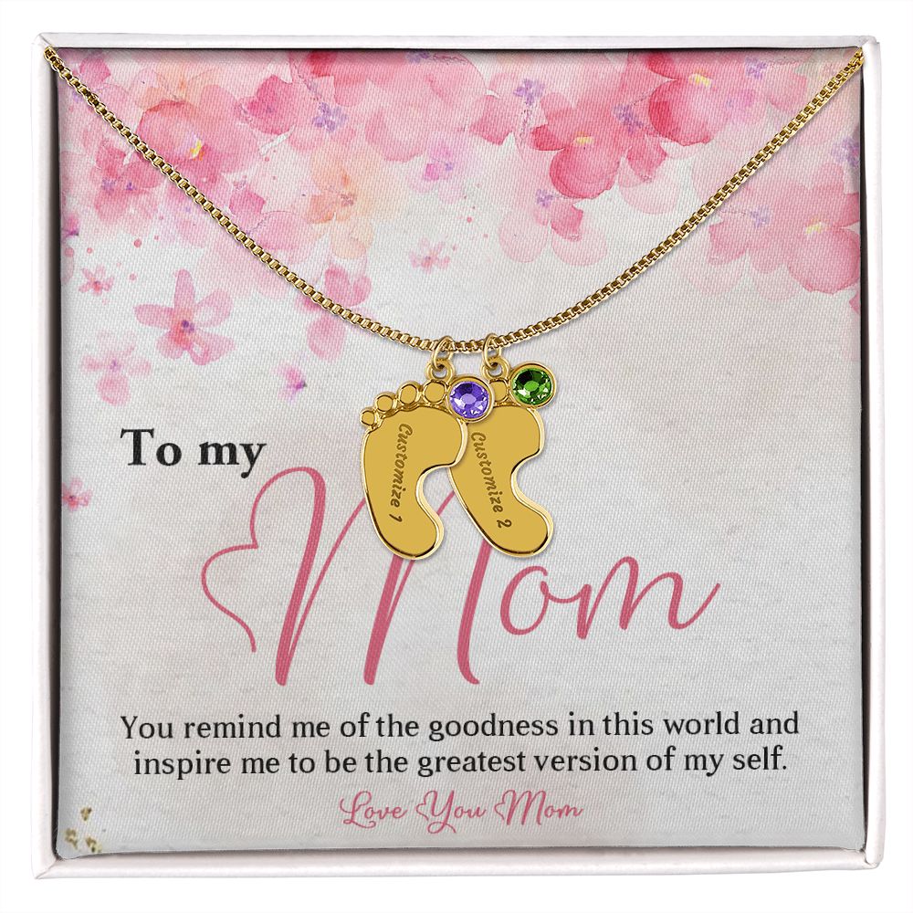 ENGRAVED BABY FEET WITH NAME AND BIRTHSTONE, NECKLACE GIFT FOR MOM WITH KIDS NAME, WITH MESSAGE CARD, BIRTHDAY/ MOTHER'S DAY GIFT FOR MOM FROM SON/DAUGHTER