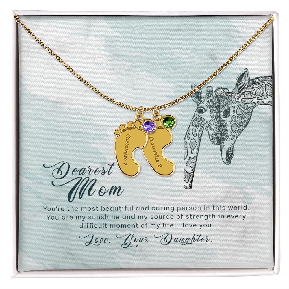 ENGRAVED BABY FEET WITH NAME AND BIRTHSTONE, NECKLACE GIFT FOR MOM WITH KIDS NAME, WITH MESSAGE CARD, BIRTHDAY/MOTHER'S DAY GIFT FOR MOM, FROM DAUGHTER