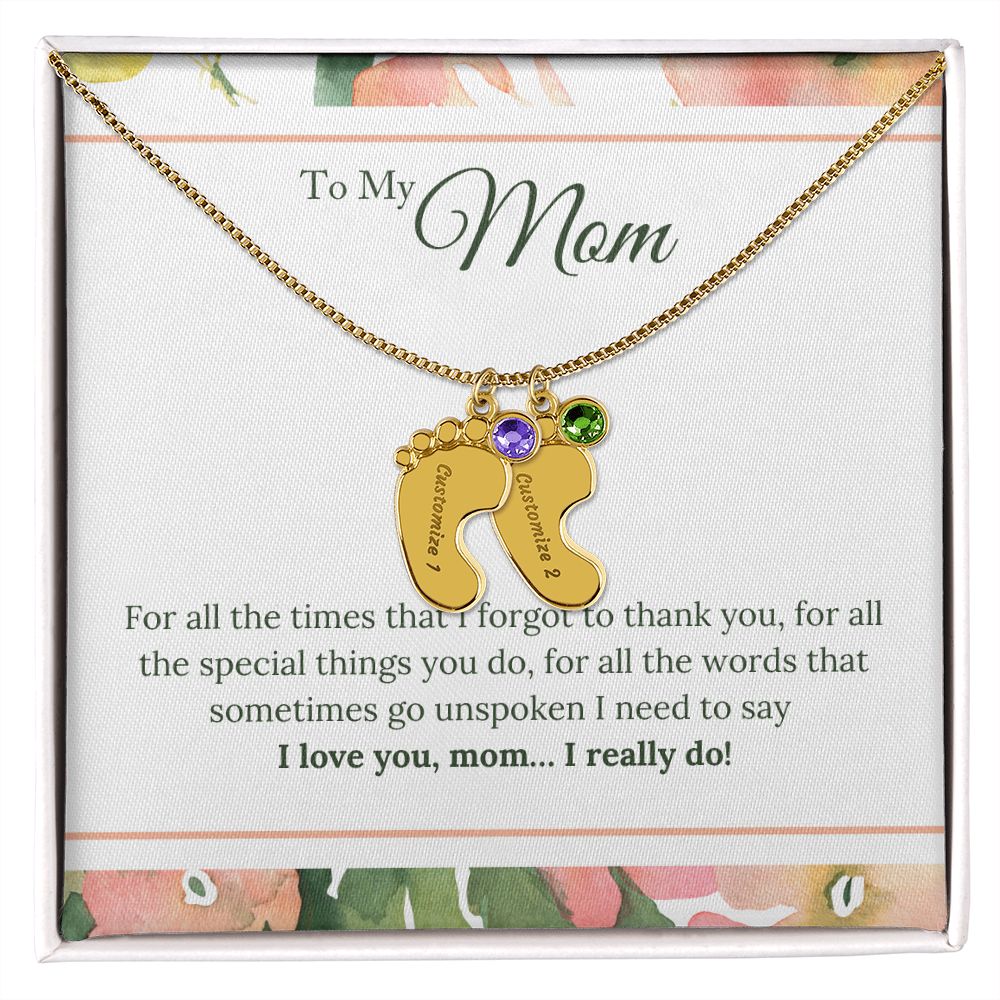 ENGRAVED BABY FEET WITH NAME AND BIRTHSTONE, NECKLACE GIFT FOR MOM WITH KIDS NAME, WITH MESSAGE CARD, HAPPY MOTHER'S DAY GIFT FOR MOM FROM SON/DAUGHTER