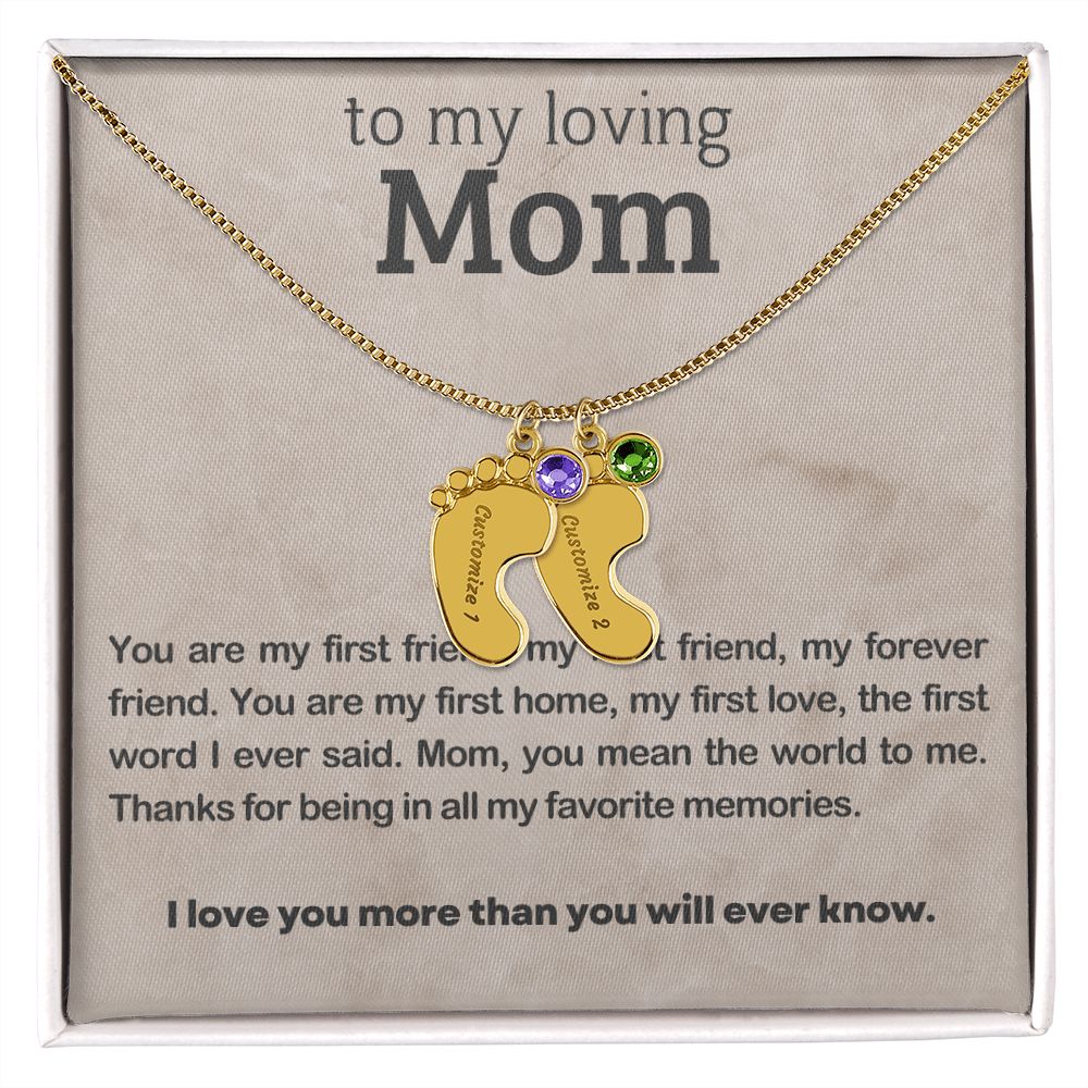 ENGRAVED BABY FEET WITH NAME AND BIRTHSTONE, NECKLACE GIFT FOR MOM WITH KIDS NAME, WITH MESSAGE CARD, BIRTHDAY/MOTHER'S DAY GIFT FOR MOM, FROM SON/DAUGHTER