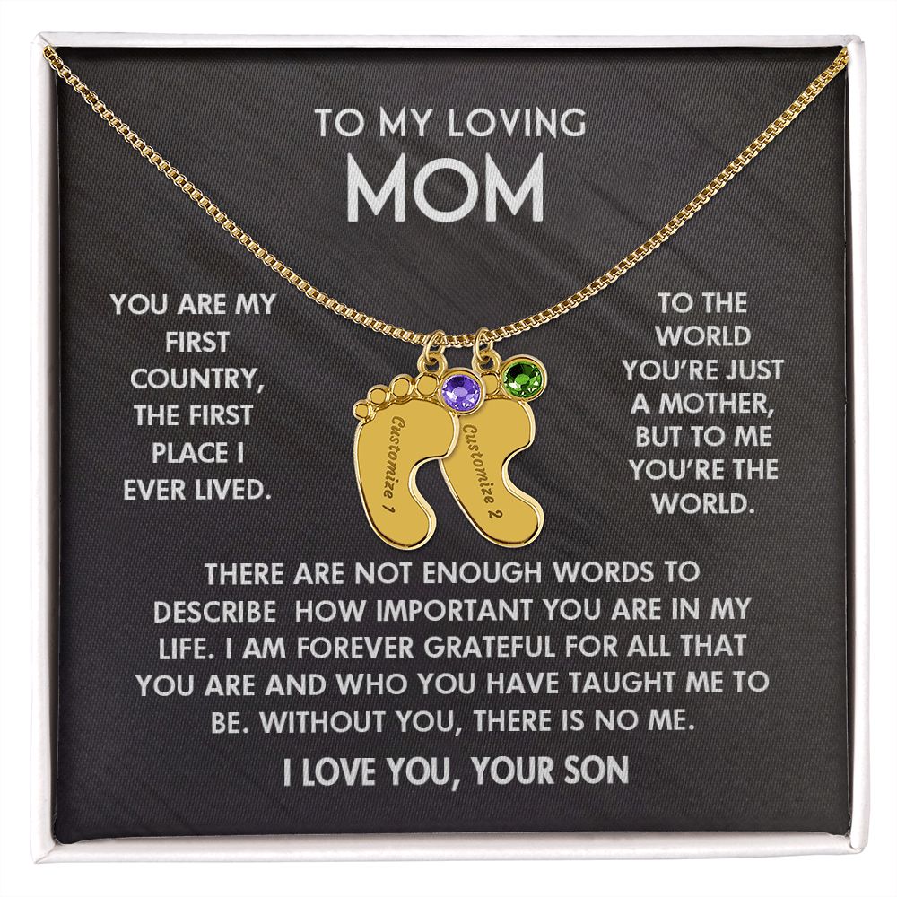 ENGRAVED BABY FEET WITH NAME AND BIRTHSTONE, NECKLACE GIFT FOR MOM WITH KIDS NAME, WITH MESSAGE CARD, BIRTHDAY/ MOTHER'S DAY GIFT FOR MOM FROM SON