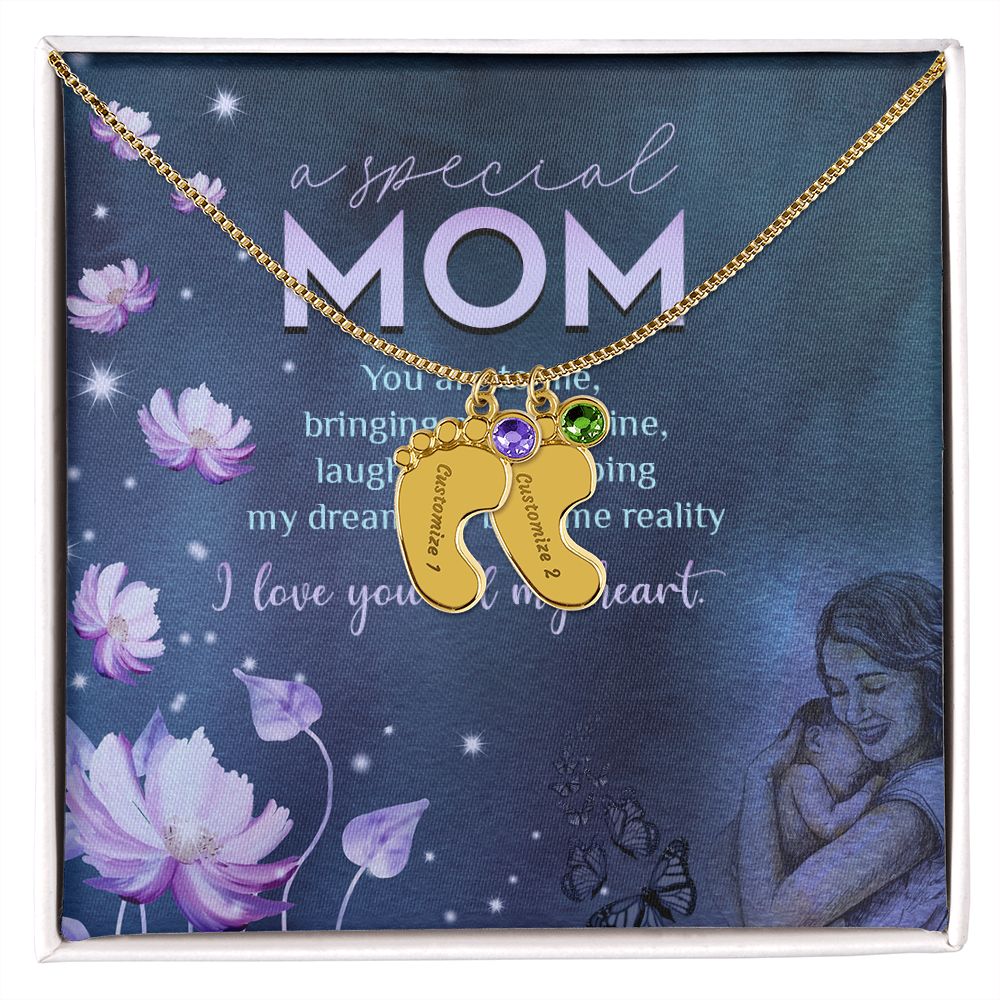 ENGRAVED BABY FEET WITH NAME AND BIRTHSTONE, NECKLACE GIFT FOR MOM WITH KIDS NAME, WITH MESSAGE CARD, BIRTHDAY/MOTHER'S DAY GIFT FOR MOM, FROM KIDS