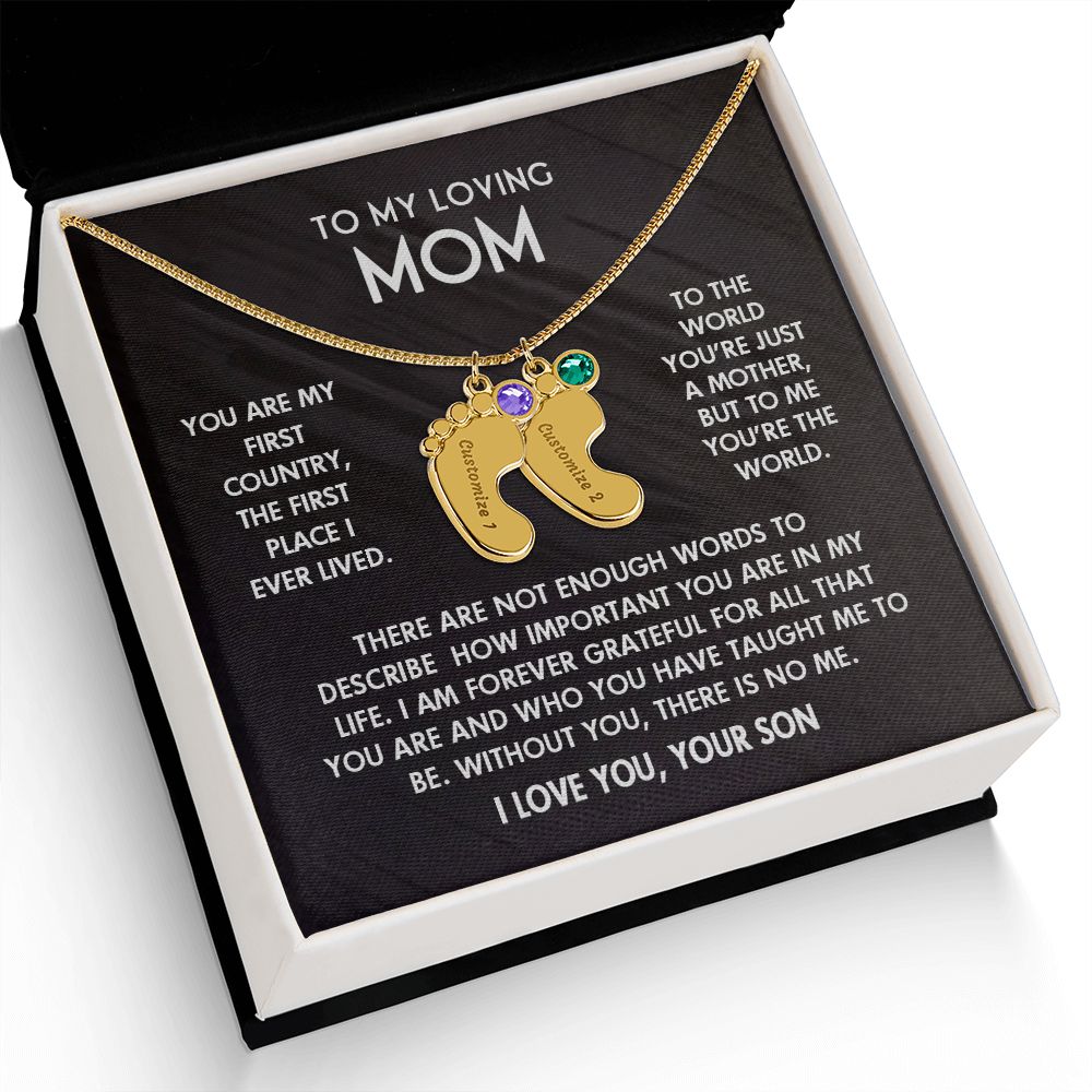 ENGRAVED BABY FEET WITH NAME AND BIRTHSTONE, NECKLACE GIFT FOR MOM WITH KIDS NAME, WITH MESSAGE CARD, BIRTHDAY/ MOTHER'S DAY GIFT FOR MOM FROM SON