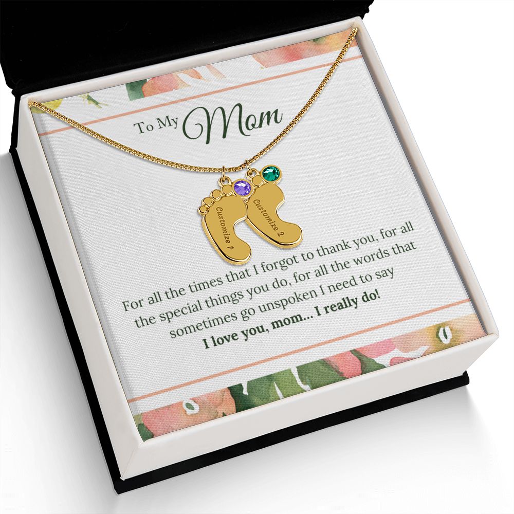 ENGRAVED BABY FEET WITH NAME AND BIRTHSTONE, NECKLACE GIFT FOR MOM WITH KIDS NAME, WITH MESSAGE CARD, HAPPY MOTHER'S DAY GIFT FOR MOM FROM SON/DAUGHTER