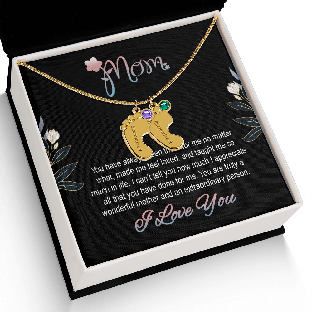 ENGRAVED BABY FEET WITH NAME AND BIRTHSTONE, NECKLACE GIFT FOR MOM WITH KIDS NAME, WITH MESSAGE CARD, BIRTHDAY/ MOTHER'S DAY GIFT FOR MOM FROM SON/DAUGHTER