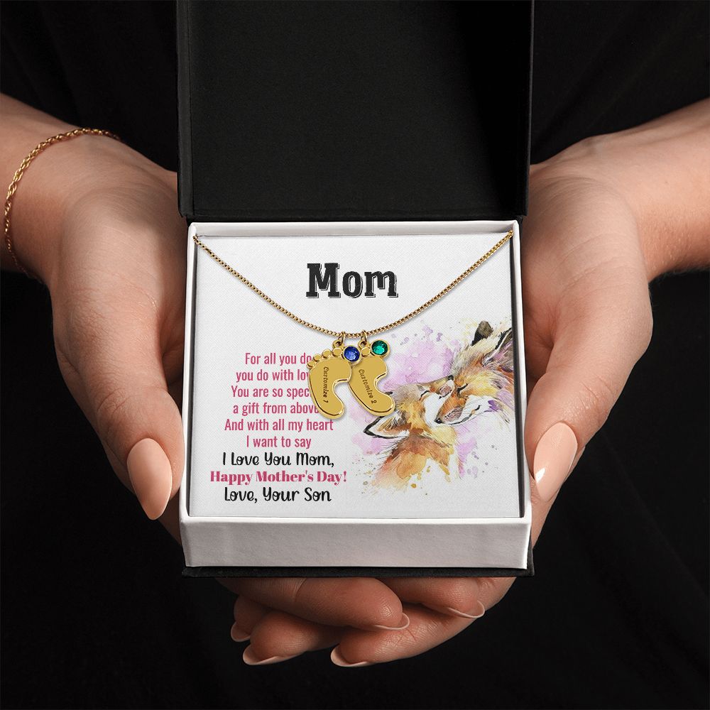 ENGRAVED BABY FEET WITH NAME AND BIRTHSTONE, NECKLACE GIFT FOR MOM WITH KIDS NAME, WITH MESSAGE CARD, MOTHER'S DAY GIFT FOR MOM FROM SON