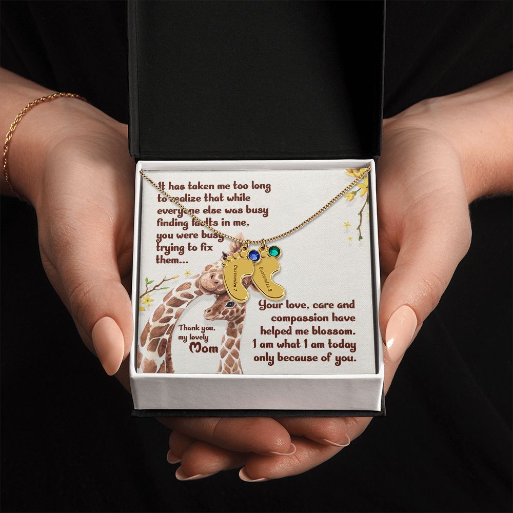 ENGRAVED BABY FEET WITH NAME AND BIRTHSTONE, NECKLACE GIFT FOR MOM WITH KIDS NAME, WITH MESSAGE CARD, HAPPY MOTHER'S DAY, GIFT FOR MOM FROM SON/DAUGHTER