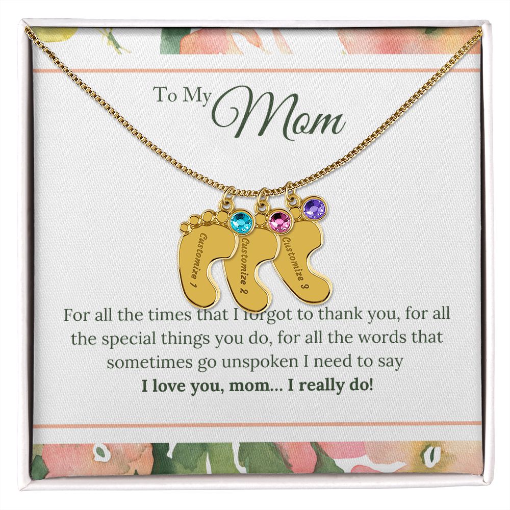 ENGRAVED BABY FEET WITH NAME AND BIRTHSTONE, NECKLACE GIFT FOR MOM WITH KIDS NAME, WITH MESSAGE CARD, HAPPY MOTHER'S DAY GIFT FOR MOM FROM SON/DAUGHTER