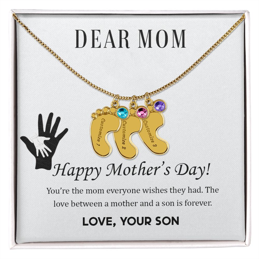 ENGRAVED BABY FEET WITH NAME AND BIRTHSTONE, NECKLACE GIFT FOR MOM WITH KIDS NAME, WITH MESSAGE CARD, BIRTHDAY/ MOTHER'S DAY GIFT FOR MOM FROM SON
