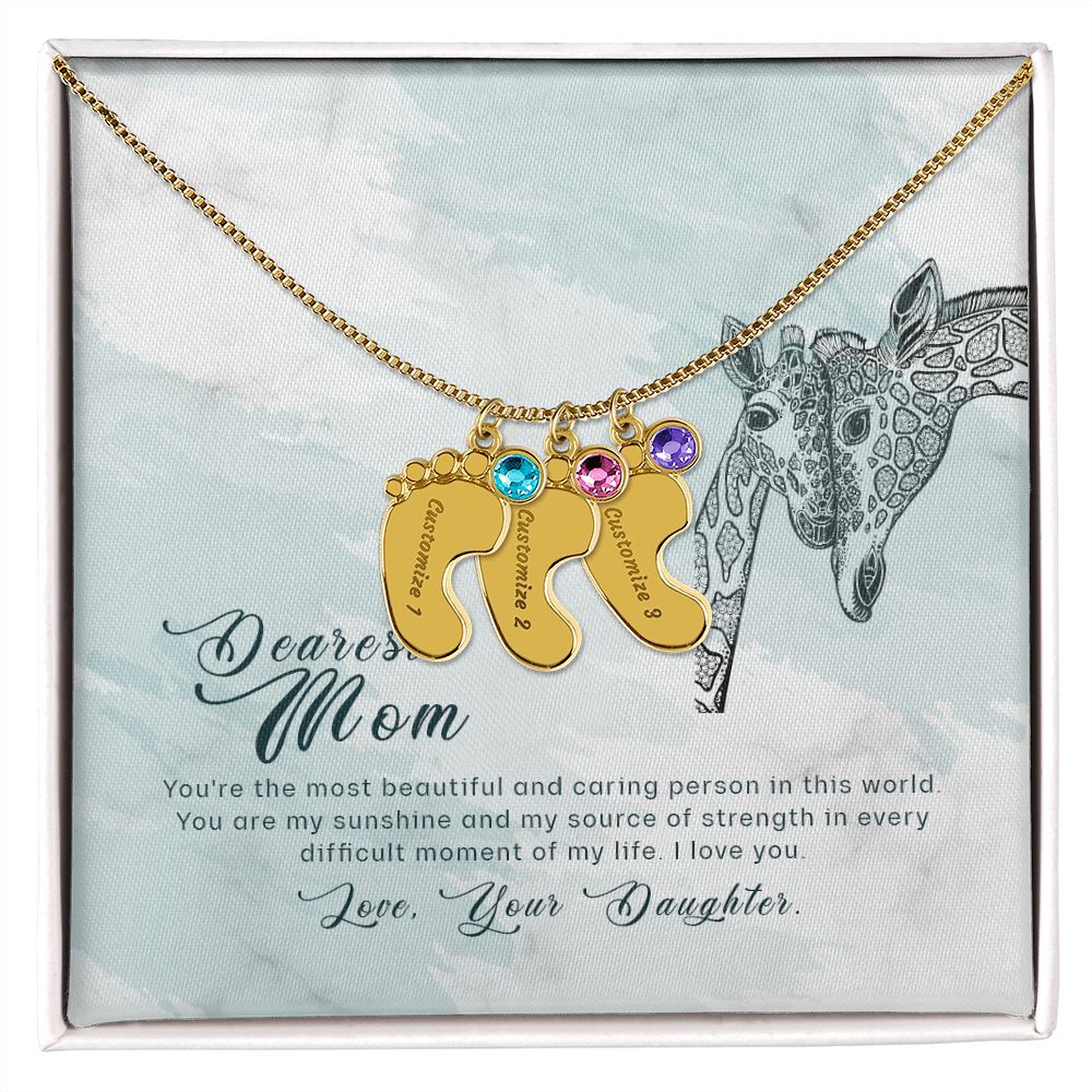 ENGRAVED BABY FEET WITH NAME AND BIRTHSTONE, NECKLACE GIFT FOR MOM WITH KIDS NAME, WITH MESSAGE CARD, BIRTHDAY/MOTHER'S DAY GIFT FOR MOM, FROM DAUGHTER