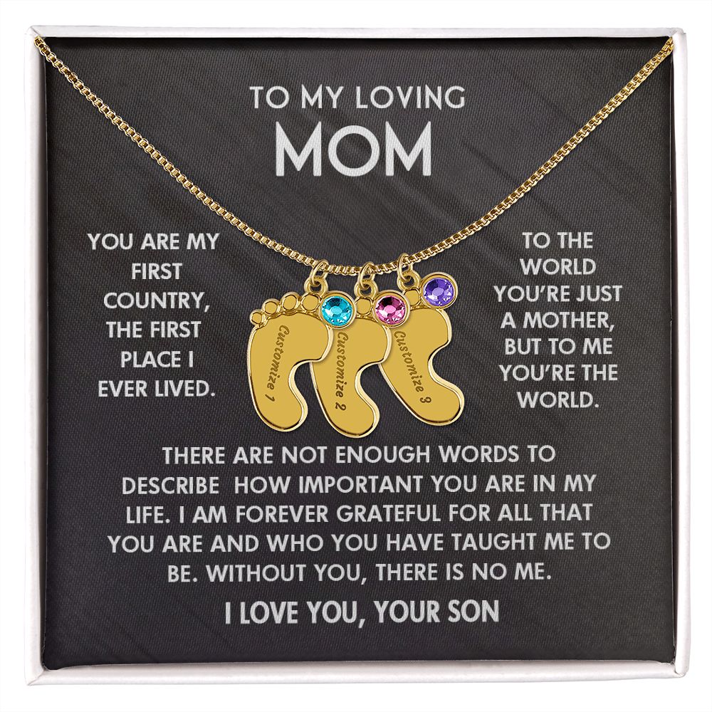 ENGRAVED BABY FEET WITH NAME AND BIRTHSTONE, NECKLACE GIFT FOR MOM WITH KIDS NAME, WITH MESSAGE CARD, BIRTHDAY/ MOTHER'S DAY GIFT FOR MOM FROM SON