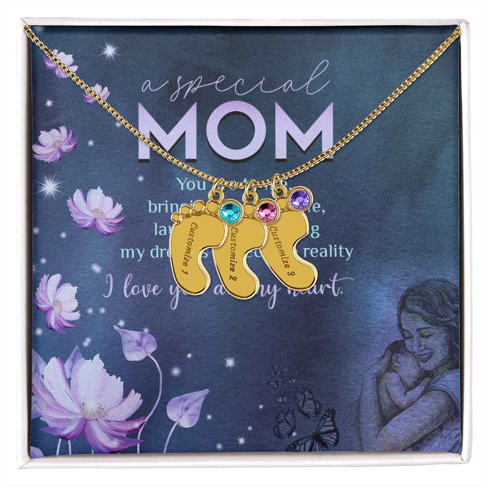 ENGRAVED BABY FEET WITH NAME AND BIRTHSTONE, NECKLACE GIFT FOR MOM WITH KIDS NAME, WITH MESSAGE CARD, BIRTHDAY/MOTHER'S DAY GIFT FOR MOM, FROM KIDS