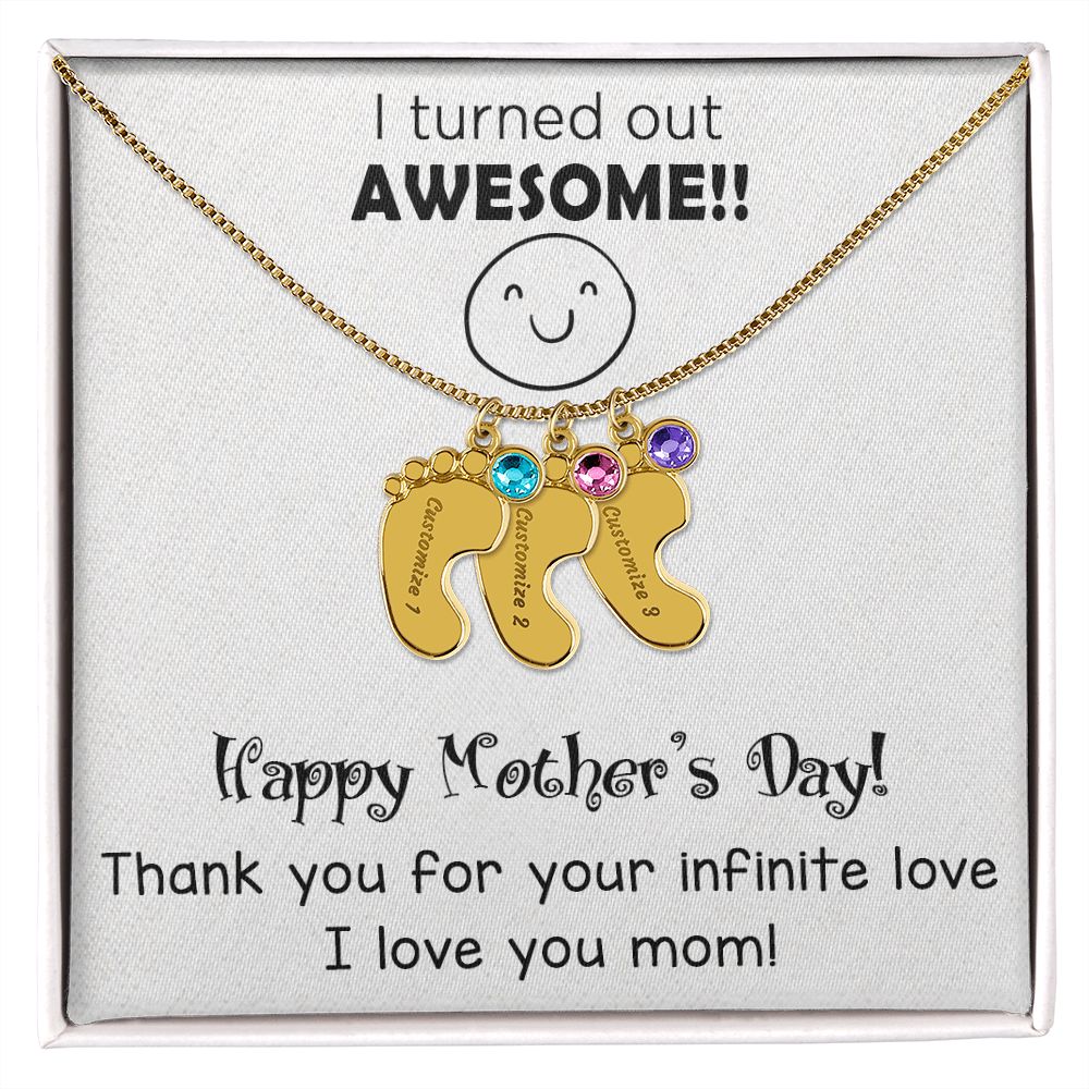 ENGRAVED BABY FEET WITH NAME AND BIRTHSTONE, NECKLACE GIFT FOR MOM WITH KIDS NAME, WITH MESSAGE CARD, MOTHER'S DAY GIFT FOR MOM FROM SON/DAUGHTER