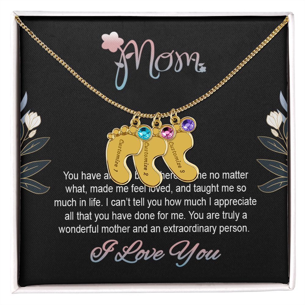 ENGRAVED BABY FEET WITH NAME AND BIRTHSTONE, NECKLACE GIFT FOR MOM WITH KIDS NAME, WITH MESSAGE CARD, BIRTHDAY/ MOTHER'S DAY GIFT FOR MOM FROM SON/DAUGHTER