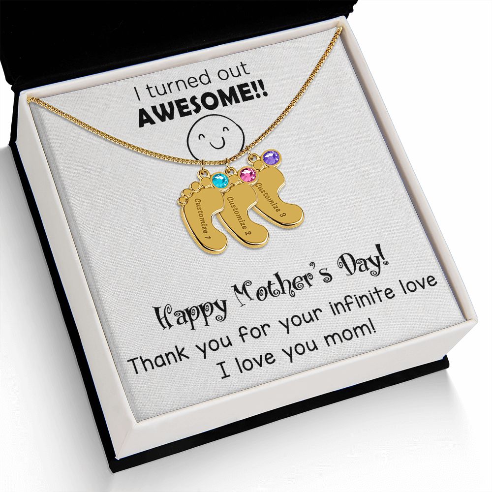 ENGRAVED BABY FEET WITH NAME AND BIRTHSTONE, NECKLACE GIFT FOR MOM WITH KIDS NAME, WITH MESSAGE CARD, MOTHER'S DAY GIFT FOR MOM FROM SON/DAUGHTER
