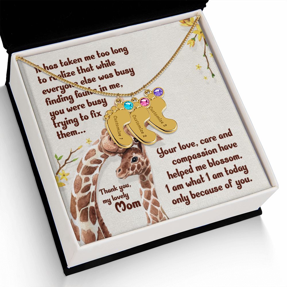 ENGRAVED BABY FEET WITH NAME AND BIRTHSTONE, NECKLACE GIFT FOR MOM WITH KIDS NAME, WITH MESSAGE CARD, HAPPY MOTHER'S DAY, GIFT FOR MOM FROM SON/DAUGHTER