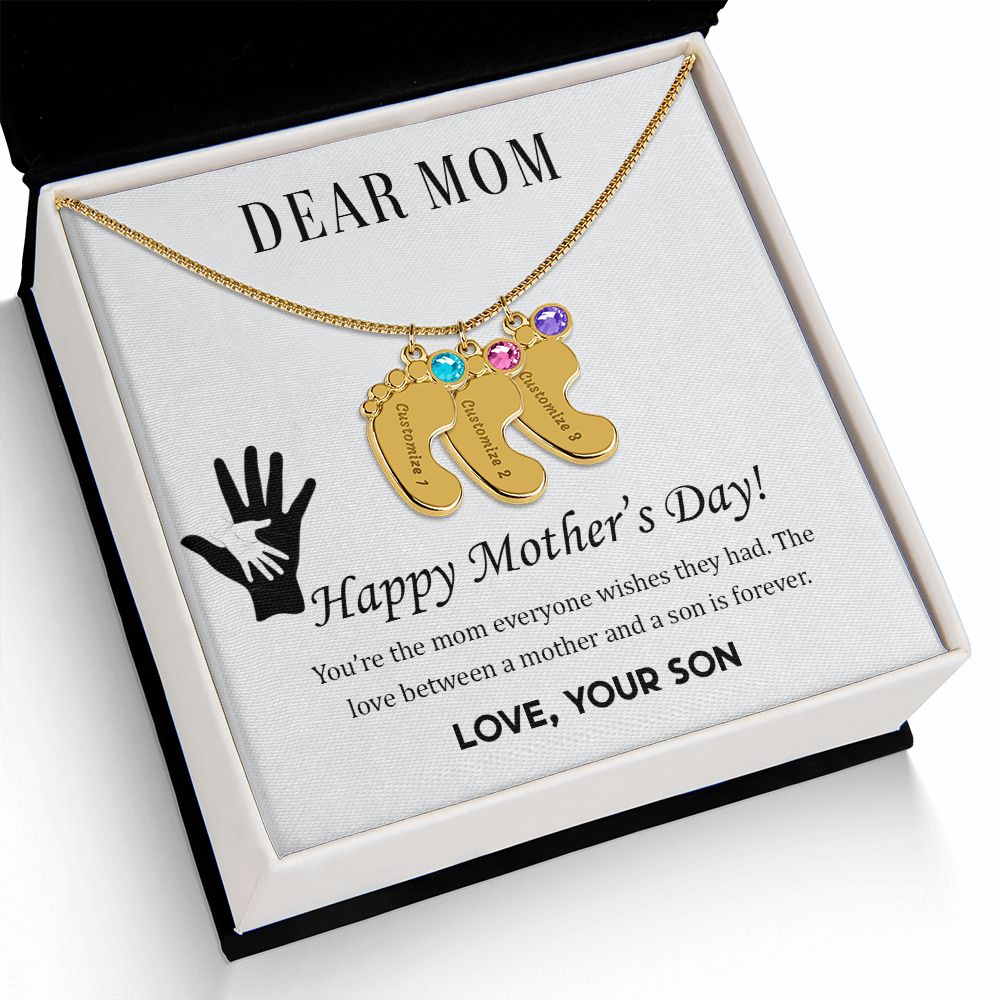 ENGRAVED BABY FEET WITH NAME AND BIRTHSTONE, NECKLACE GIFT FOR MOM WITH KIDS NAME, WITH MESSAGE CARD, BIRTHDAY/ MOTHER'S DAY GIFT FOR MOM FROM SON