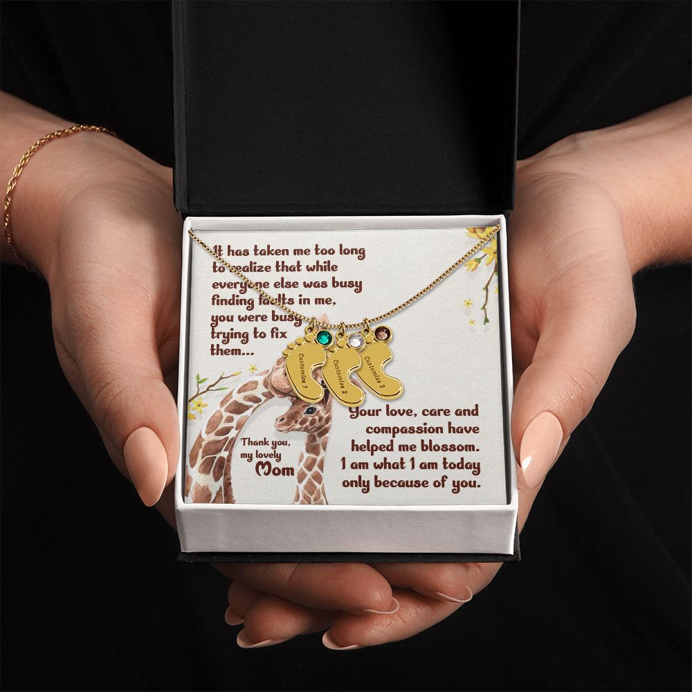 ENGRAVED BABY FEET WITH NAME AND BIRTHSTONE, NECKLACE GIFT FOR MOM WITH KIDS NAME, WITH MESSAGE CARD, HAPPY MOTHER'S DAY, GIFT FOR MOM FROM SON/DAUGHTER