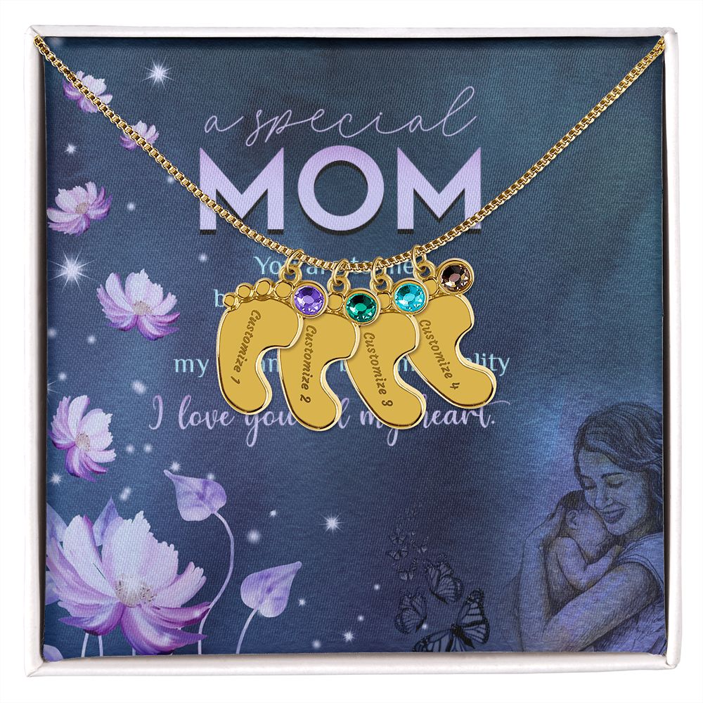 ENGRAVED BABY FEET WITH NAME AND BIRTHSTONE, NECKLACE GIFT FOR MOM WITH KIDS NAME, WITH MESSAGE CARD, BIRTHDAY/MOTHER'S DAY GIFT FOR MOM, FROM KIDS