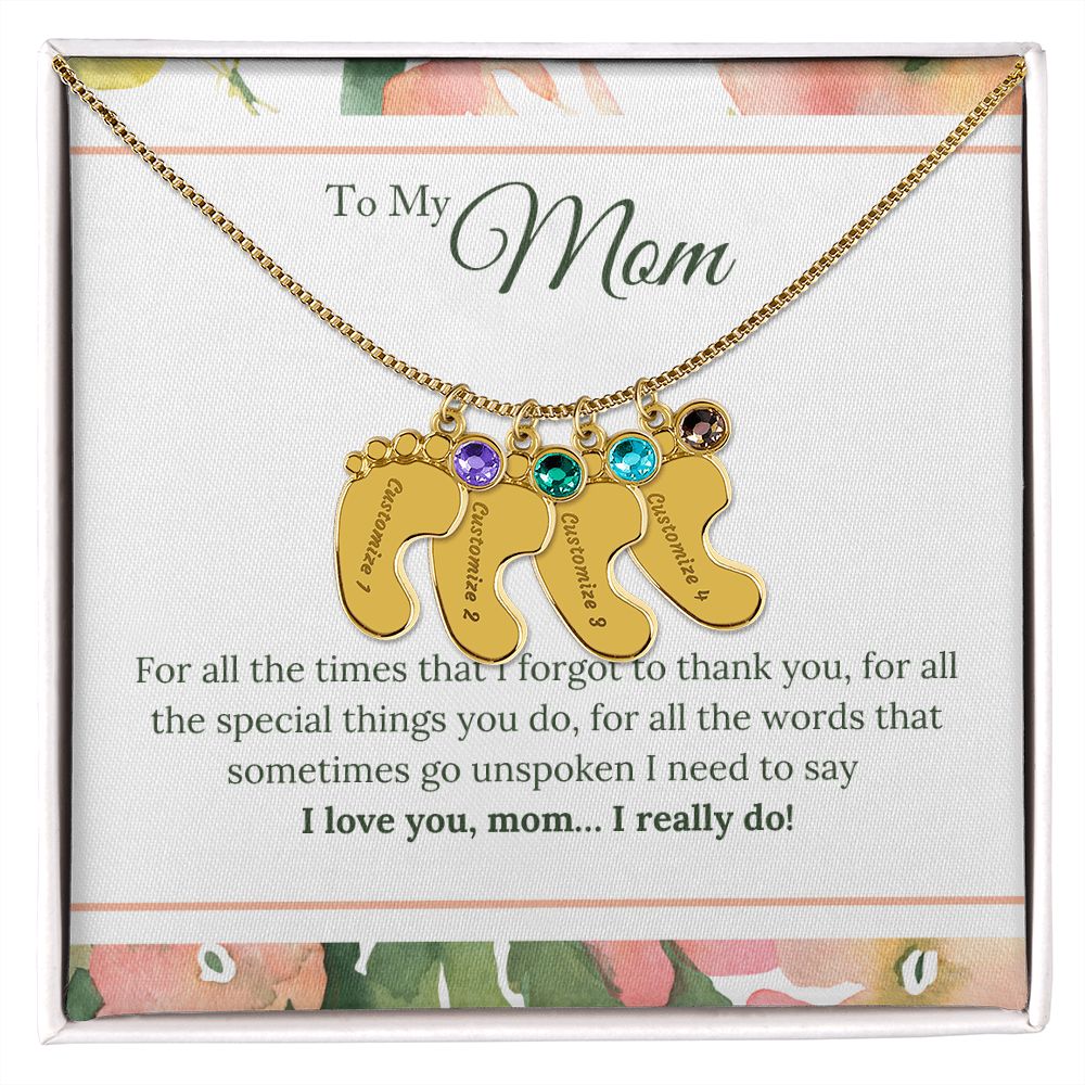 ENGRAVED BABY FEET WITH NAME AND BIRTHSTONE, NECKLACE GIFT FOR MOM WITH KIDS NAME, WITH MESSAGE CARD, HAPPY MOTHER'S DAY GIFT FOR MOM FROM SON/DAUGHTER