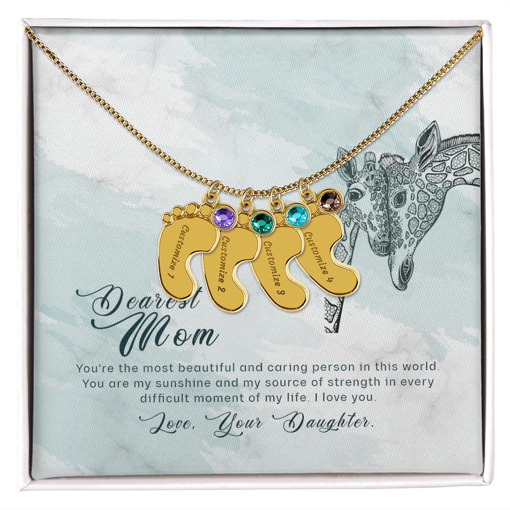 ENGRAVED BABY FEET WITH NAME AND BIRTHSTONE, NECKLACE GIFT FOR MOM WITH KIDS NAME, WITH MESSAGE CARD, BIRTHDAY/MOTHER'S DAY GIFT FOR MOM, FROM DAUGHTER