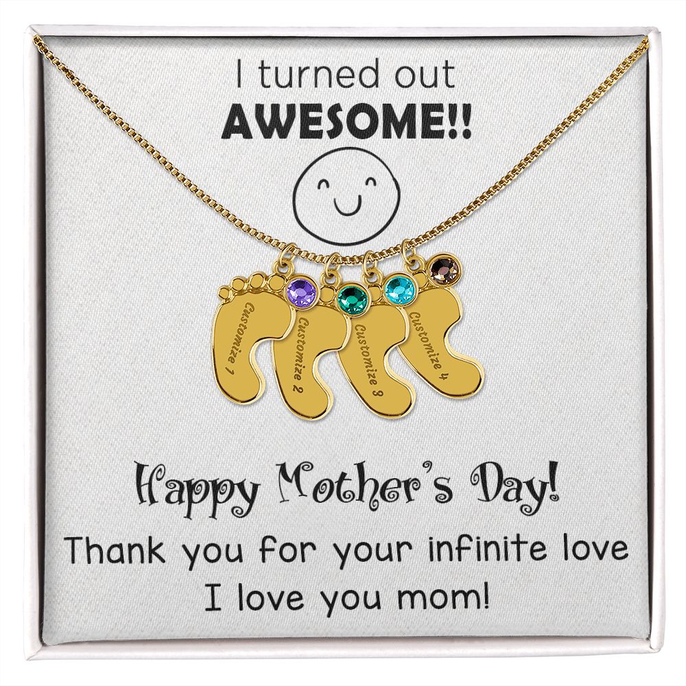 ENGRAVED BABY FEET WITH NAME AND BIRTHSTONE, NECKLACE GIFT FOR MOM WITH KIDS NAME, WITH MESSAGE CARD, MOTHER'S DAY GIFT FOR MOM FROM SON/DAUGHTER