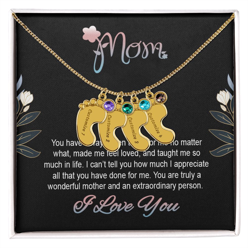 ENGRAVED BABY FEET WITH NAME AND BIRTHSTONE, NECKLACE GIFT FOR MOM WITH KIDS NAME, WITH MESSAGE CARD, BIRTHDAY/ MOTHER'S DAY GIFT FOR MOM FROM SON/DAUGHTER