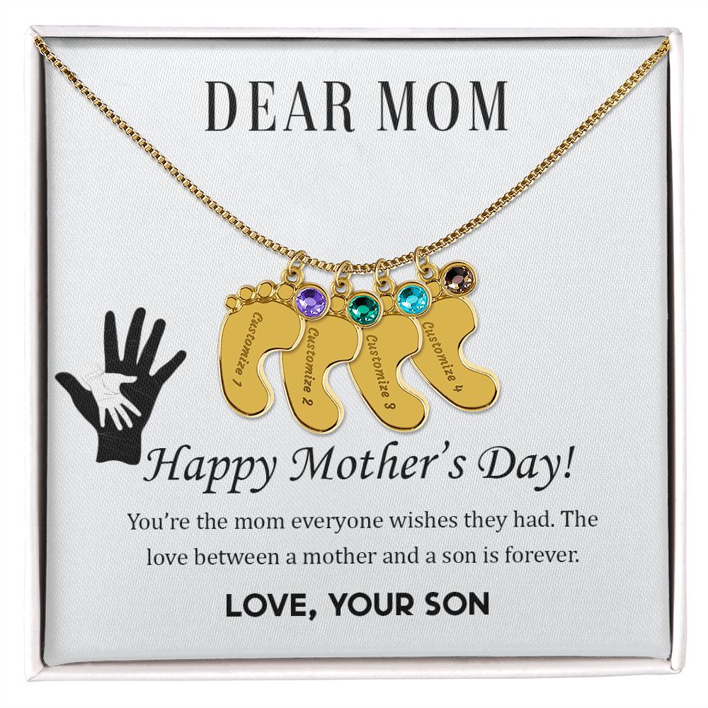 ENGRAVED BABY FEET WITH NAME AND BIRTHSTONE, NECKLACE GIFT FOR MOM WITH KIDS NAME, WITH MESSAGE CARD, BIRTHDAY/ MOTHER'S DAY GIFT FOR MOM FROM SON