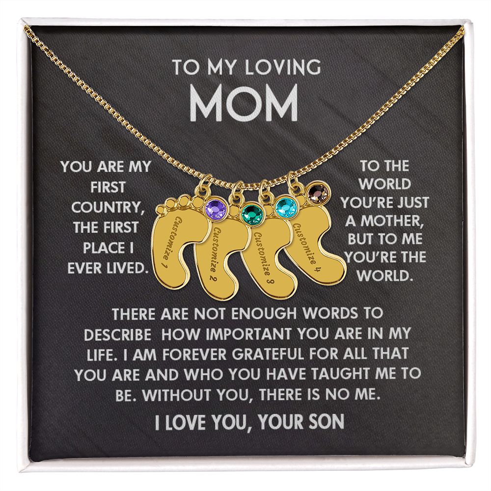 ENGRAVED BABY FEET WITH NAME AND BIRTHSTONE, NECKLACE GIFT FOR MOM WITH KIDS NAME, WITH MESSAGE CARD, BIRTHDAY/ MOTHER'S DAY GIFT FOR MOM FROM SON