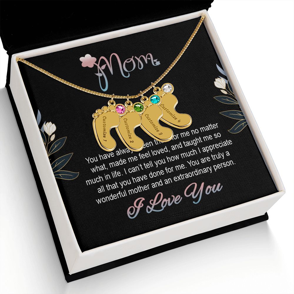 ENGRAVED BABY FEET WITH NAME AND BIRTHSTONE, NECKLACE GIFT FOR MOM WITH KIDS NAME, WITH MESSAGE CARD, BIRTHDAY/ MOTHER'S DAY GIFT FOR MOM FROM SON/DAUGHTER